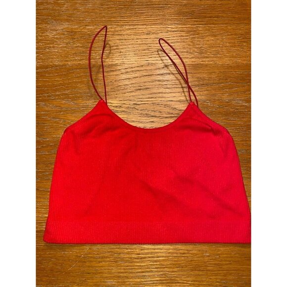 Red Ribbed Knit Spaghetti Strap Crop Top - Youthful & Vibrant Fashion Statement - Picture 1 of 2